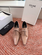 CELINE 26S LACE UP POINTED TOE PUMPS IN BLUSH NUDE PATENT CALFSKIN