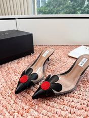 ALAIA 26S POINTED-TOE MULE HEELS IN BLACK LAMBSKIN AND TRANSPARENT PVC