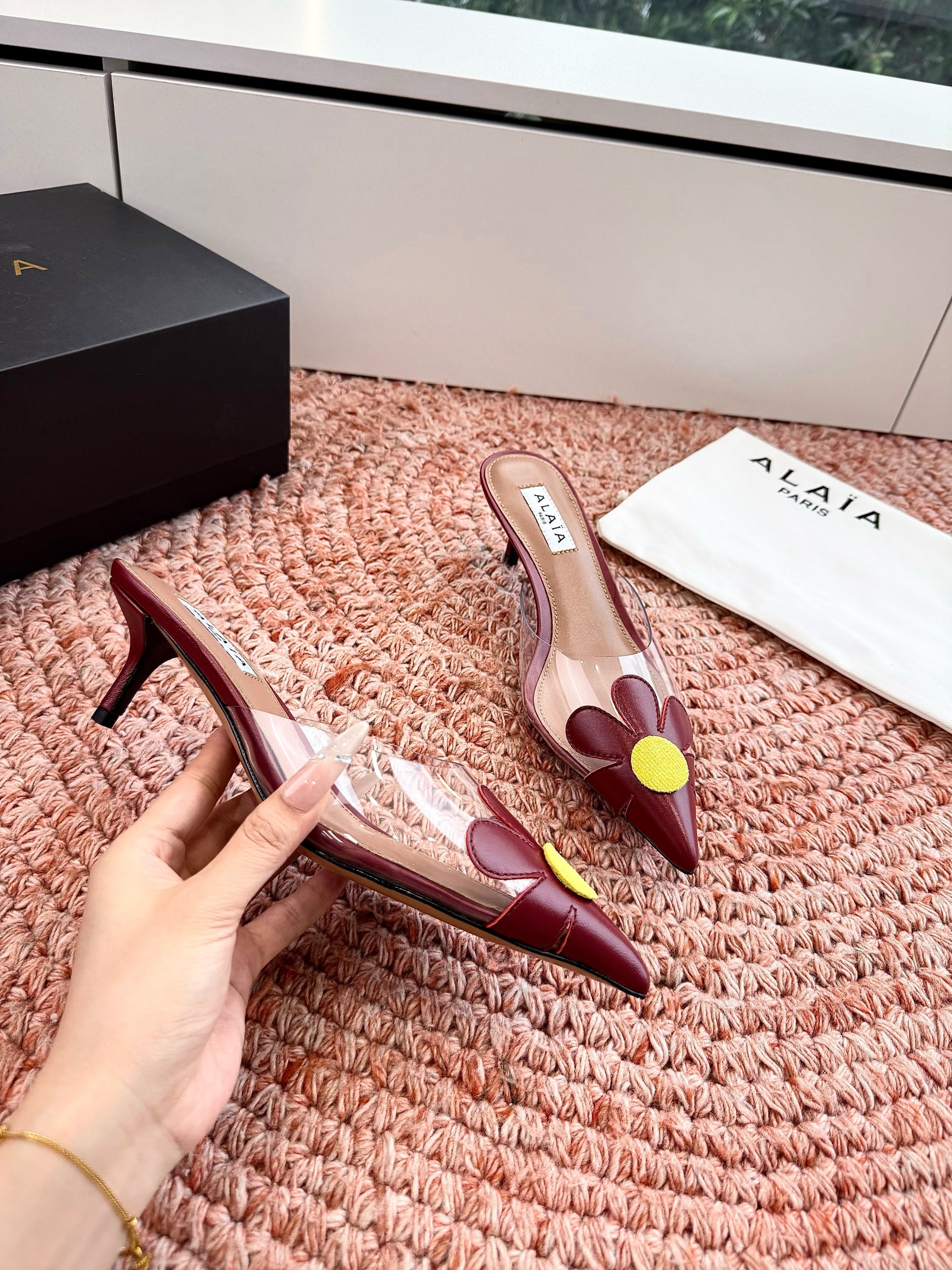 ALAIA 26S POINTED-TOE MULE HEELS IN DARK RED LAMBSKIN AND TRANSPARENT PVC