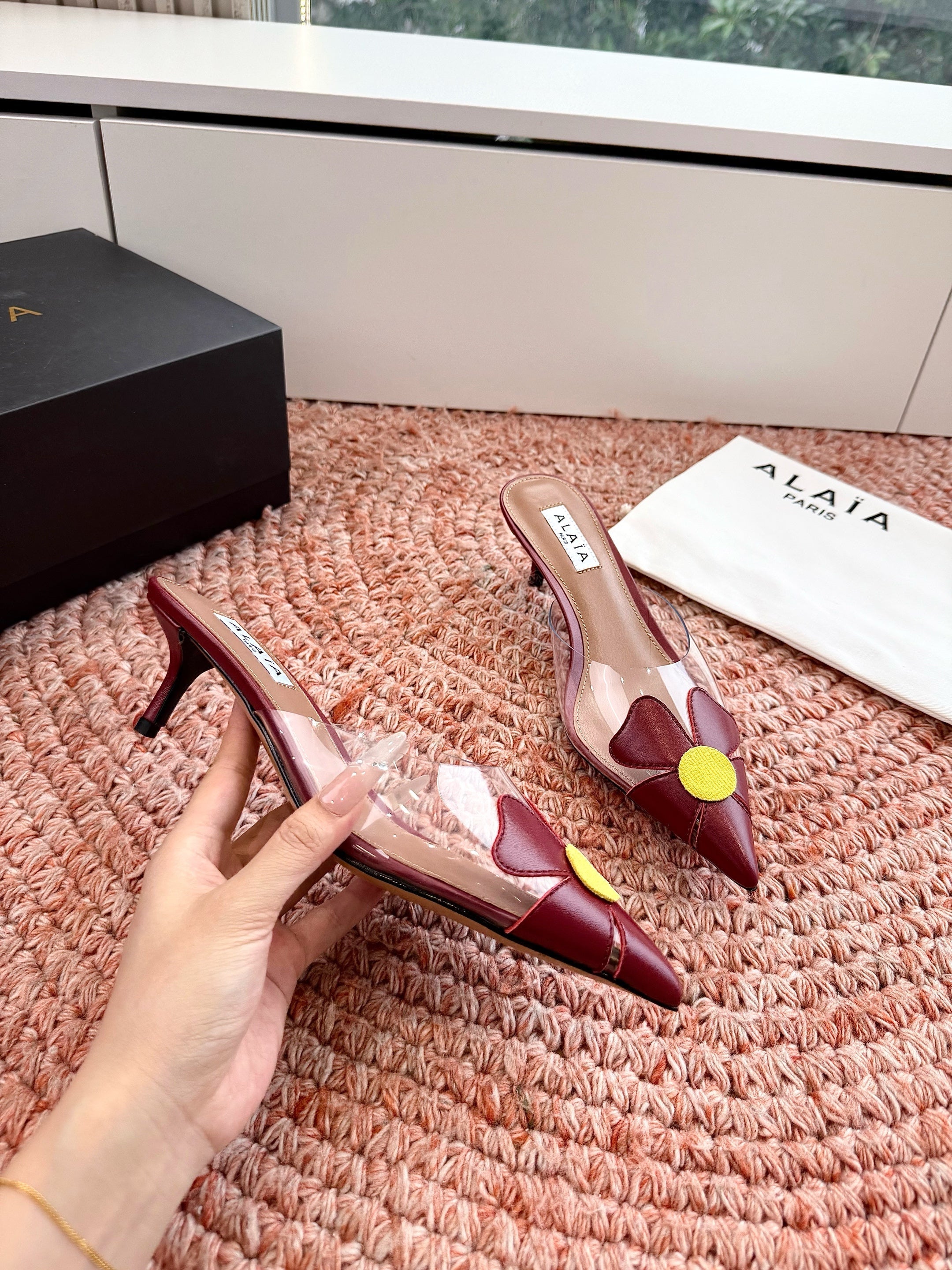 ALAIA 26S MULE HEELS IN DARK RED LAMBSKIN AND TRANSPARENT PVC