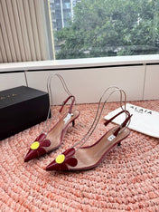 ALAIA 26S POINTED-TOE SLINGBACK HEELS IN DARK RED LAMBSKIN AND TRANSPARENT PVC