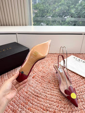 ALAIA 26S POINTED-TOE SLINGBACK HEELS IN DARK RED LAMBSKIN AND TRANSPARENT PVC