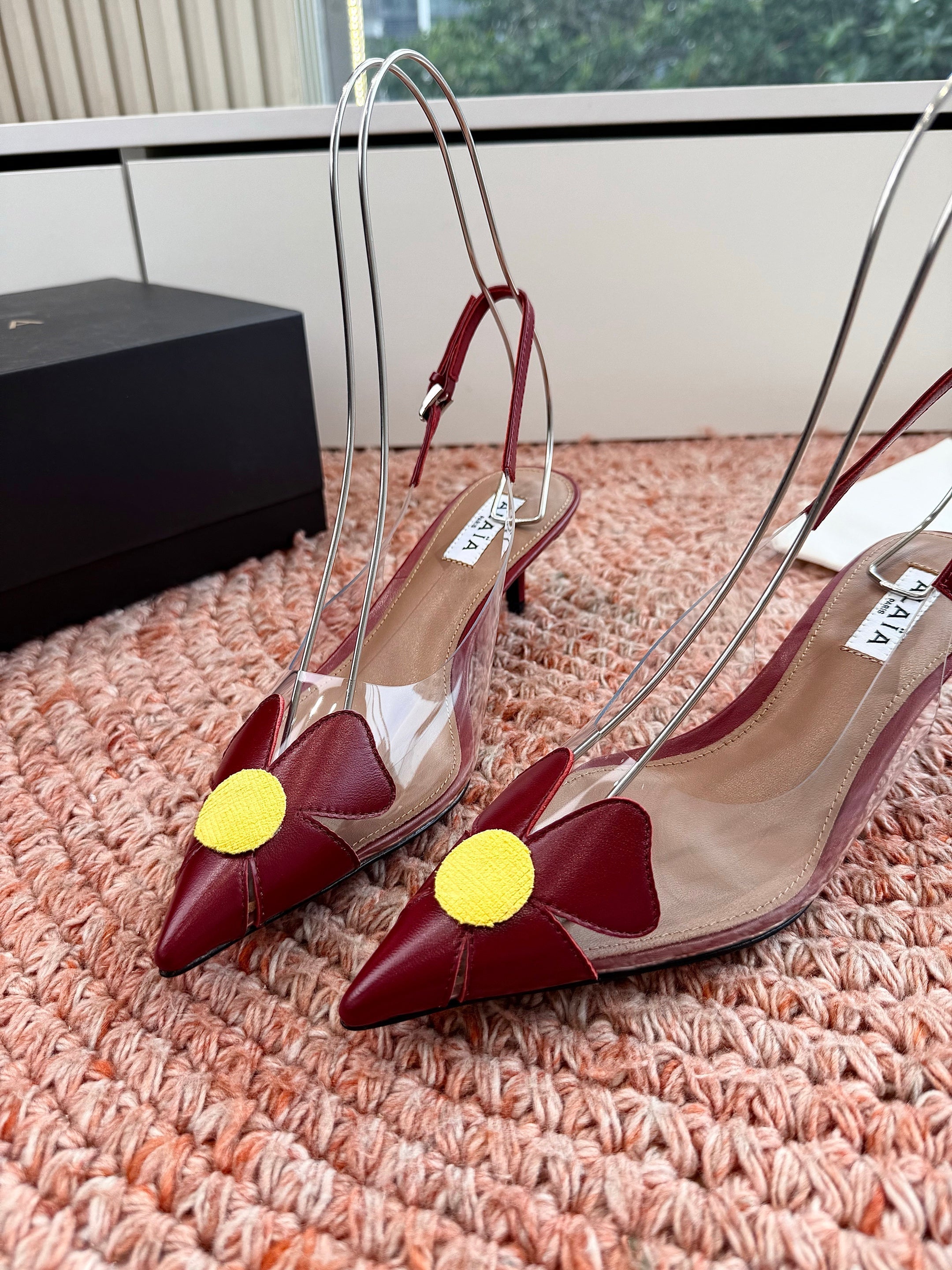 ALAIA 26S SLINGBACK HEELS IN DARK RED LAMBSKIN AND TRANSPARENT PVC