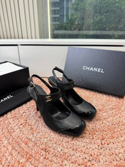 CHANEL 26S SQUARE TOE HIGH HEELS SLINGBACKS IN BLACK LAMBSKIN WITH TOE