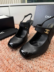 CHANEL 26S SQUARE TOE HIGH HEELS SLINGBACKS IN BLACK LAMBSKIN WITH TOE