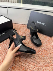 CHANEL 26S SQUARE TOE HIGH HEELS SLINGBACKS IN BLACK LAMBSKIN WITH TOE