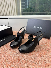 CHANEL 26S SQUARE TOE HIGH HEELS SLINGBACKS IN BLACK LAMBSKIN WITH TOE
