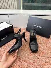 CHANEL 26S SQUARE TOE HIGH HEELS SLINGBACKS IN BLACK LAMBSKIN WITH TOE