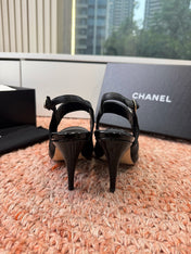 CHANEL 26S SQUARE TOE HIGH HEELS SLINGBACKS IN BLACK LAMBSKIN WITH TOE