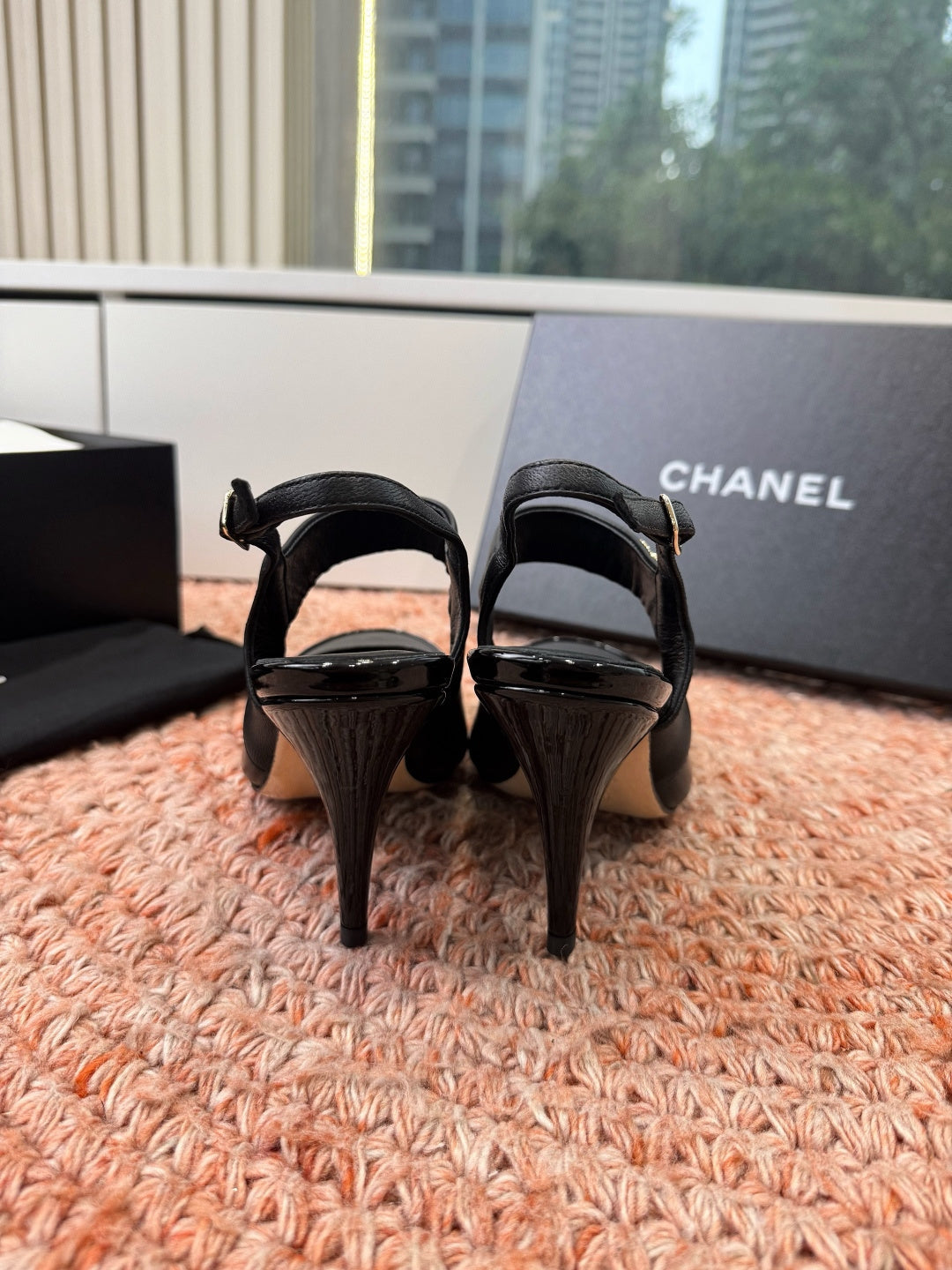 CHANEL 26S SQUARE TOE HIGH HEELS SLINGBACKS IN BLACK CALFSKIN