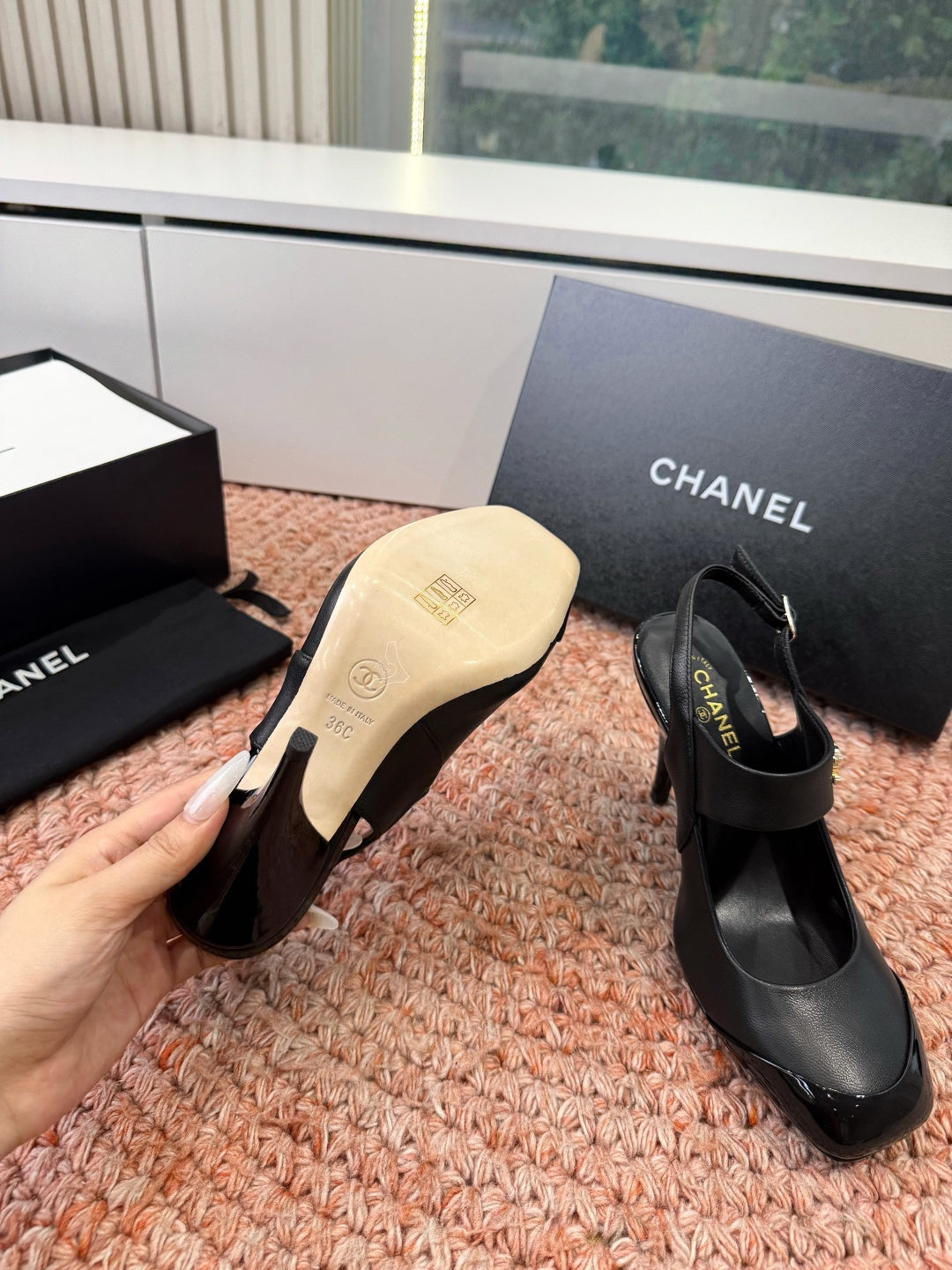 CHANEL 26S SQUARE TOE HIGH HEELS SLINGBACKS IN BLACK LAMBSKIN WITH TOE