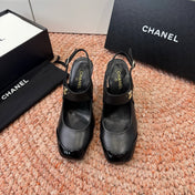 CHANEL 26S SQUARE TOE HIGH HEELS SLINGBACKS IN BLACK LAMBSKIN WITH TOE