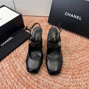 CHANEL 26S SQUARE TOE HIGH HEELS SLINGBACKS IN BLACK CALFSKIN