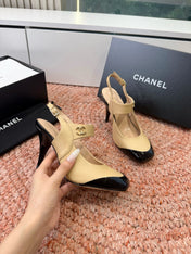 CHANEL 26S SQUARE TOE HIGH HEELS SLINGBACKS IN BEIGE LAMBSKIN WITH BLACK TOE
