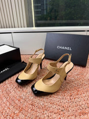 CHANEL 26S SQUARE TOE HIGH HEELS SLINGBACKS IN BEIGE LAMBSKIN WITH BLACK TOE
