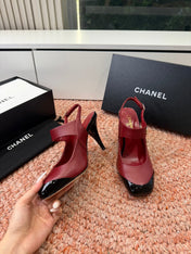 CHANEL 26S SQUARE TOE HIGH HEELS SLINGBACKS IN RED LAMBSKIN WITH BLACK TOE