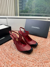 CHANEL 26S SQUARE TOE HIGH HEELS SLINGBACKS IN RED LAMBSKIN WITH BLACK TOE