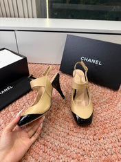 CHANEL 26S SQUARE TOE HIGH HEELS SLINGBACKS IN BEIGE LAMBSKIN WITH BLACK TOE
