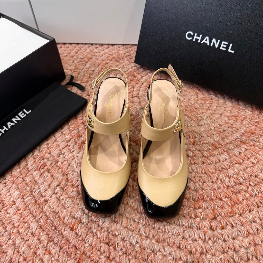 CHANEL 26S SQUARE TOE HIGH HEELS SLINGBACKS IN BEIGE LAMBSKIN WITH BLACK TOE