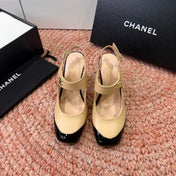 CHANEL 26S SQUARE TOE HIGH HEELS SLINGBACKS IN BEIGE LAMBSKIN WITH BLACK TOE