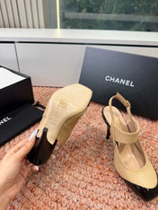 CHANEL 26S SQUARE TOE HIGH HEELS SLINGBACKS IN BEIGE LAMBSKIN WITH BLACK TOE