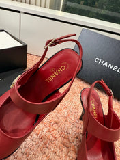 CHANEL 26S SQUARE TOE HIGH HEELS SLINGBACKS IN RED LAMBSKIN WITH BLACK TOE