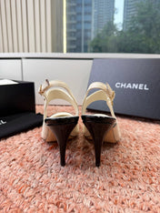 CHANEL 26S SQUARE TOE HIGH HEELS SLINGBACKS IN WHITE LAMBSKIN WITH BLACK TOE