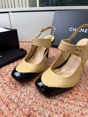CHANEL 26S SQUARE TOE HIGH HEELS SLINGBACKS IN BEIGE LAMBSKIN WITH BLACK TOE
