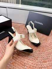 CHANEL 26S SQUARE TOE HIGH HEELS SLINGBACKS IN WHITE LAMBSKIN WITH BLACK TOE