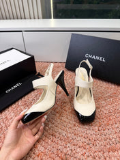 CHANEL 26S SQUARE TOE HIGH HEELS SLINGBACKS IN WHITE LAMBSKIN WITH BLACK TOE