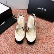 CHANEL 26S SQUARE TOE HIGH HEELS SLINGBACKS IN WHITE LAMBSKIN WITH BLACK TOE