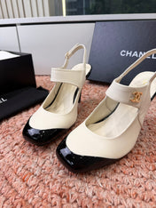CHANEL 26S SQUARE TOE HIGH HEELS SLINGBACKS IN WHITE LAMBSKIN WITH BLACK TOE