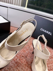 CHANEL 26S SQUARE TOE HIGH HEELS SLINGBACKS IN WHITE LAMBSKIN WITH BLACK TOE