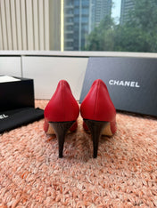 CHANEL 26S SQUARE TOE HIGH HEELS IN RED LAMBSKIN WITH BLACK TOE