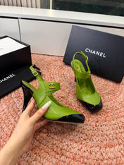 CHANEL 26S SQUARE TOE HIGH HEELS SLINGBACKS IN GREEN LAMBSKIN WITH BLACK TOE