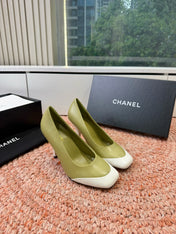 CHANEL 26S SQUARE TOE HIGH HEELS IN OLIVE GREEN LAMBSKIN WITH WHITE TOE
