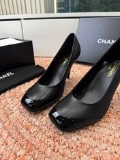 CHANEL 26S SQUARE TOE HIGH HEELS IN BLACK LAMBSKIN