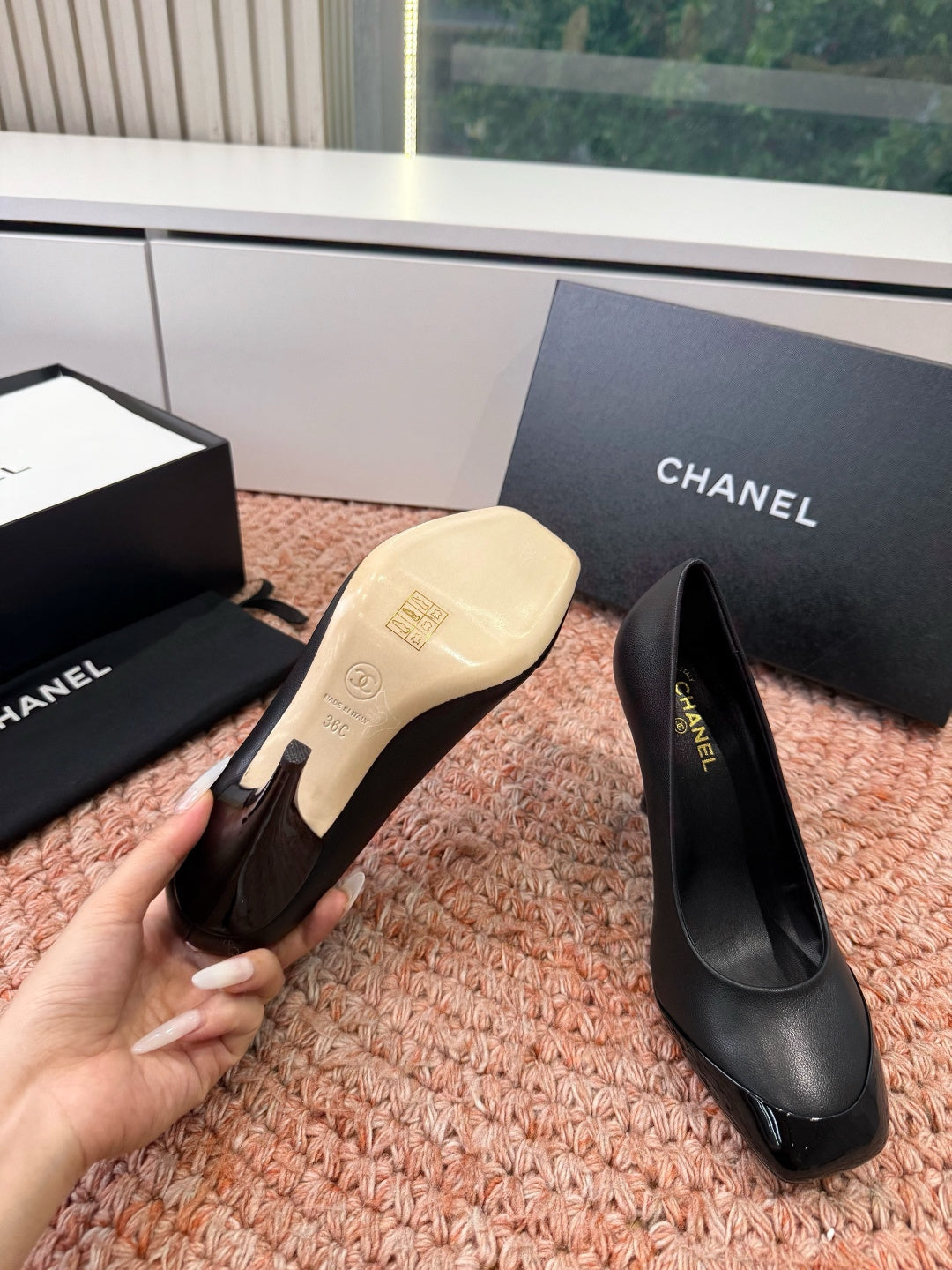 CHANEL 26S SQUARE TOE HIGH HEELS IN BLACK LAMBSKIN