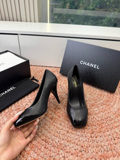 CHANEL 26S SQUARE TOE HIGH HEELS IN BLACK LAMBSKIN