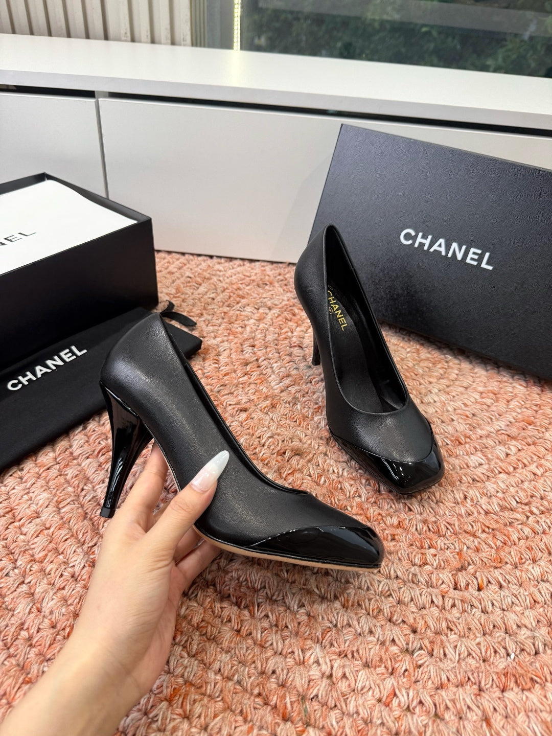 CHANEL 26S SQUARE TOE HIGH HEELS IN BLACK LAMBSKIN