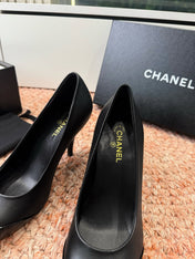 CHANEL 26S SQUARE TOE HIGH HEELS IN BLACK LAMBSKIN