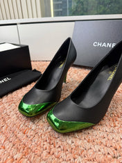 CHANEL 26S SQUARE TOE HIGH HEELS IN BLACK LAMBSKIN WITH GREEN TOE