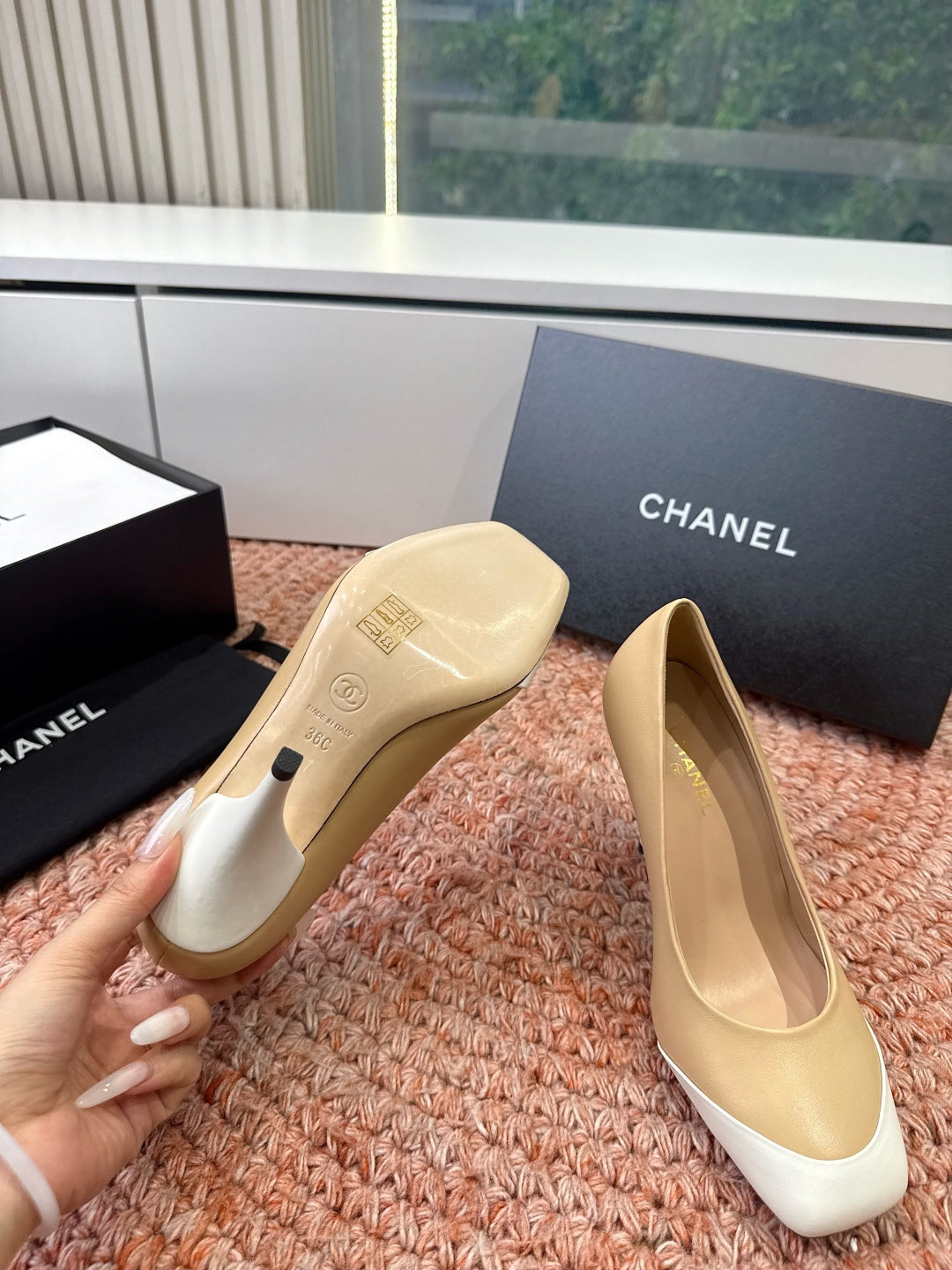 CHANEL 26S SQUARE TOE HIGH HEELS IN BEIGE LAMBSKIN WITH WHITE TOE