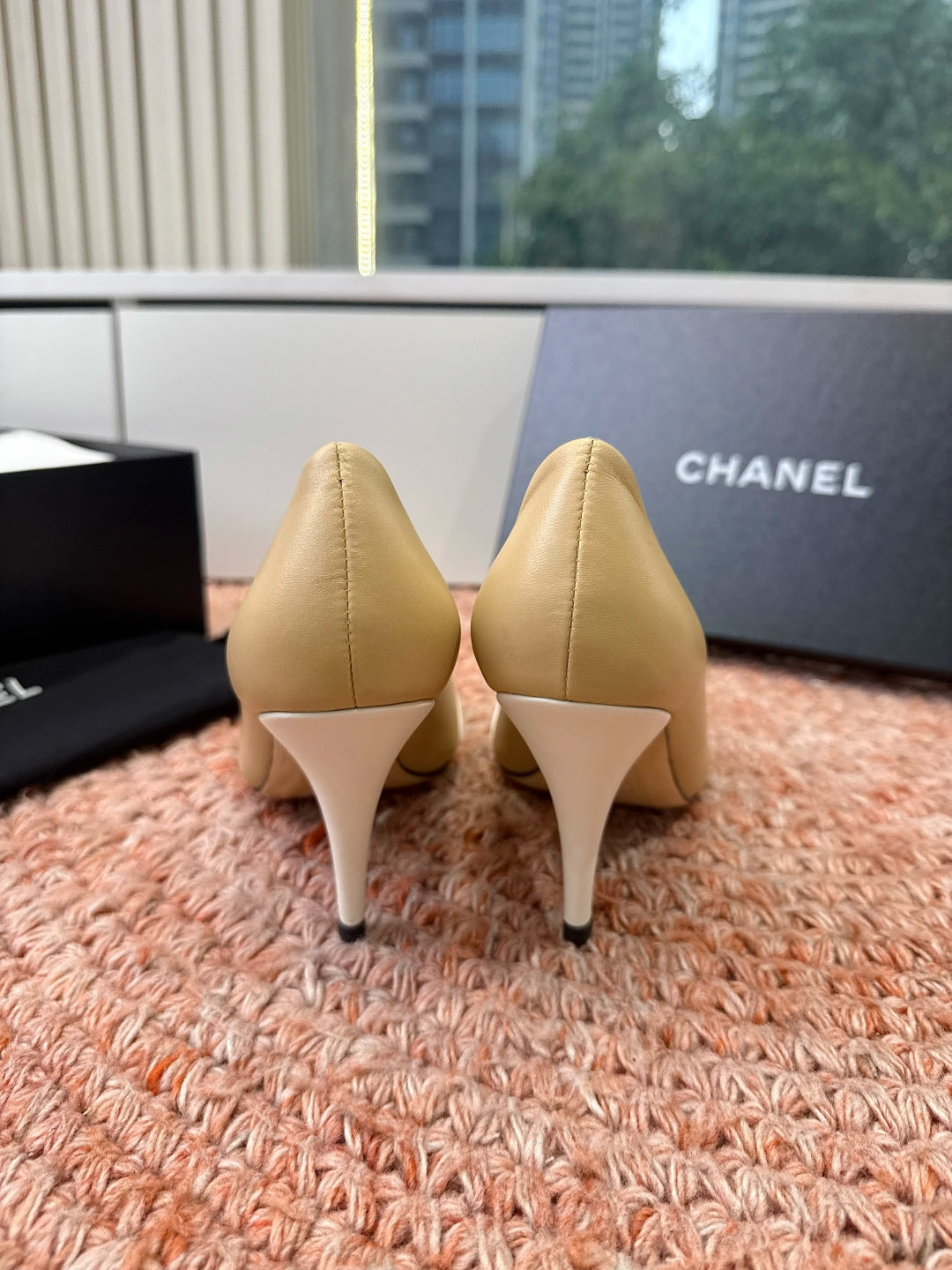 CHANEL 26S SQUARE TOE HIGH HEELS IN BEIGE LAMBSKIN WITH WHITE TOE
