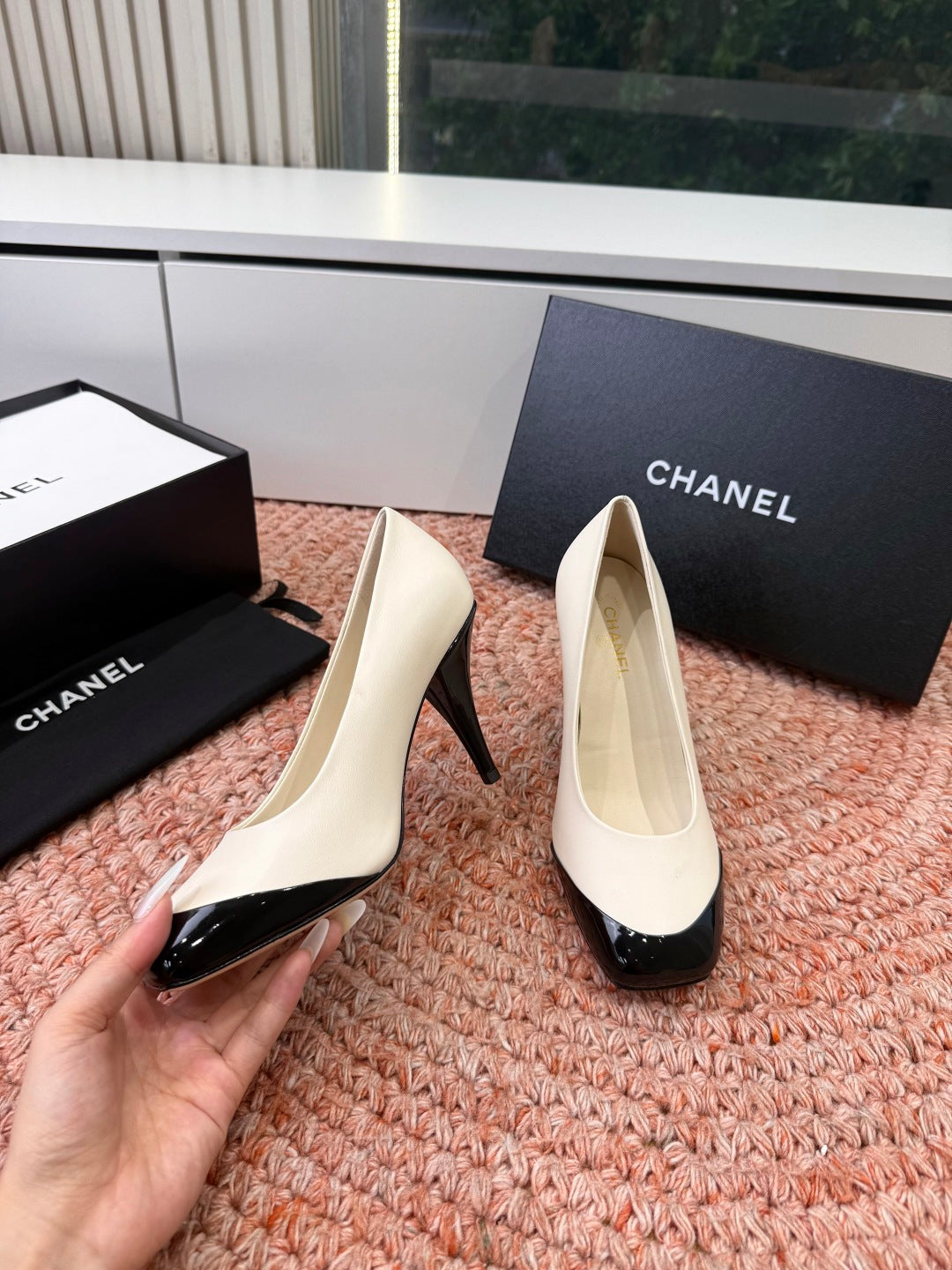 CHANEL 26S SQUARE TOE HIGH HEELS IN WHITE LAMBSKIN WITH BLACK TOE
