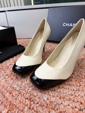 CHANEL 26S SQUARE TOE HIGH HEELS IN WHITE LAMBSKIN WITH BLACK TOE