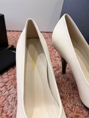 CHANEL 26S SQUARE TOE HIGH HEELS IN WHITE LAMBSKIN WITH BLACK TOE