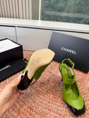 CHANEL 26S SQUARE TOE HIGH HEELS SLINGBACKS IN GREEN LAMBSKIN WITH BLACK TOE