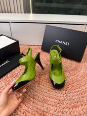 CHANEL 26S SQUARE TOE HIGH HEELS SLINGBACKS IN GREEN LAMBSKIN WITH BLACK TOE