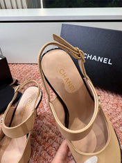 CHANEL 26S SQUARE TOE HIGH HEELS SLINGBACKS IN BEIGE LAMBSKIN WITH BLACK TOE
